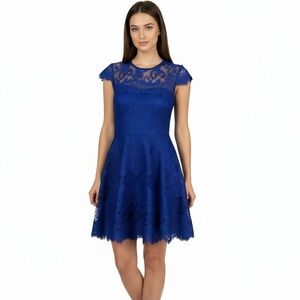 BB Dakota Dress 0 Royal Blue‎ Fit & Flare Mini Cap Sleeve Floral Elegant HOCO